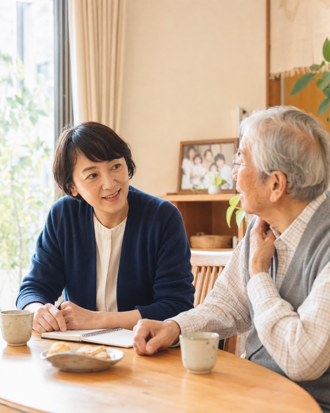 自宅で親子が将来の準備について穏やかに話し合っている様子