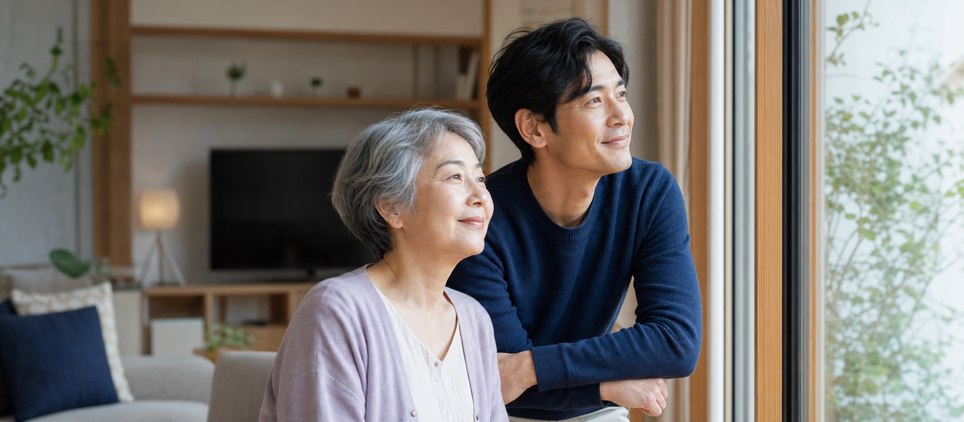 相談後に親子が明るい窓辺で穏やかに過ごしている様子