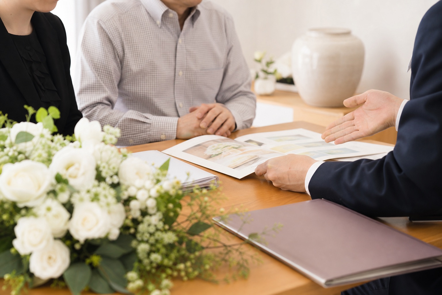 葬儀相談の資料と白い花を囲んで説明を受けている様子