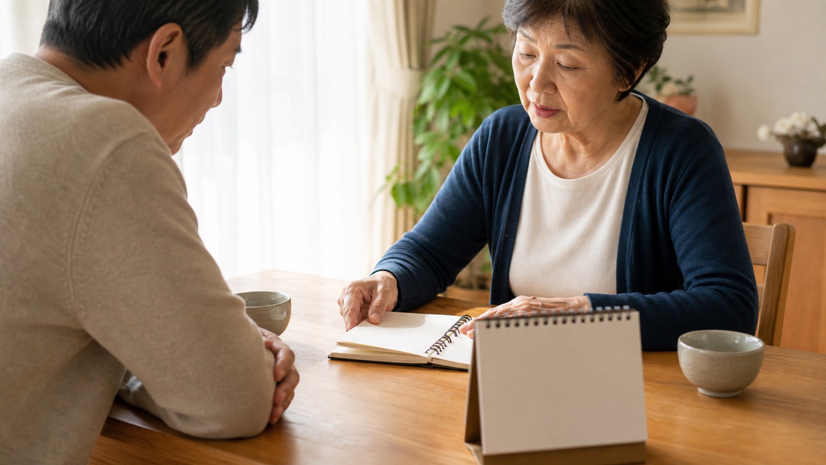親子が自宅でノートを見ながら生前準備について話し合っている様子