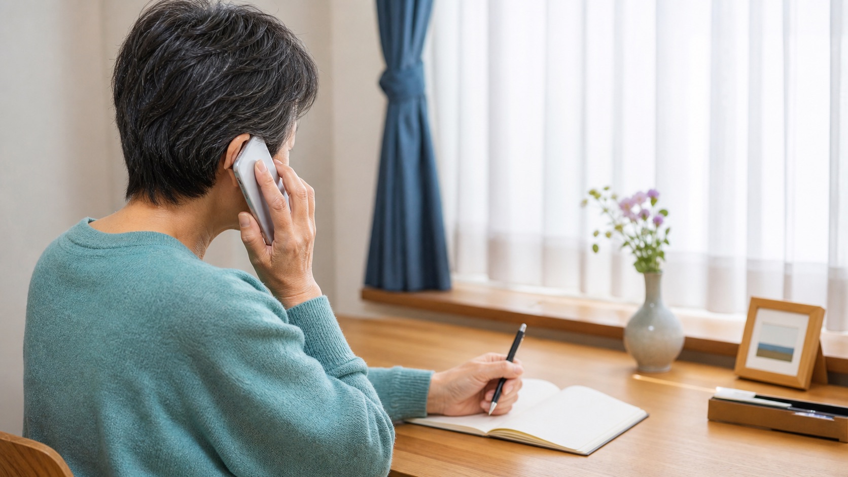 ご逝去直後の相談について電話で状況を伝えながらメモを取る様子